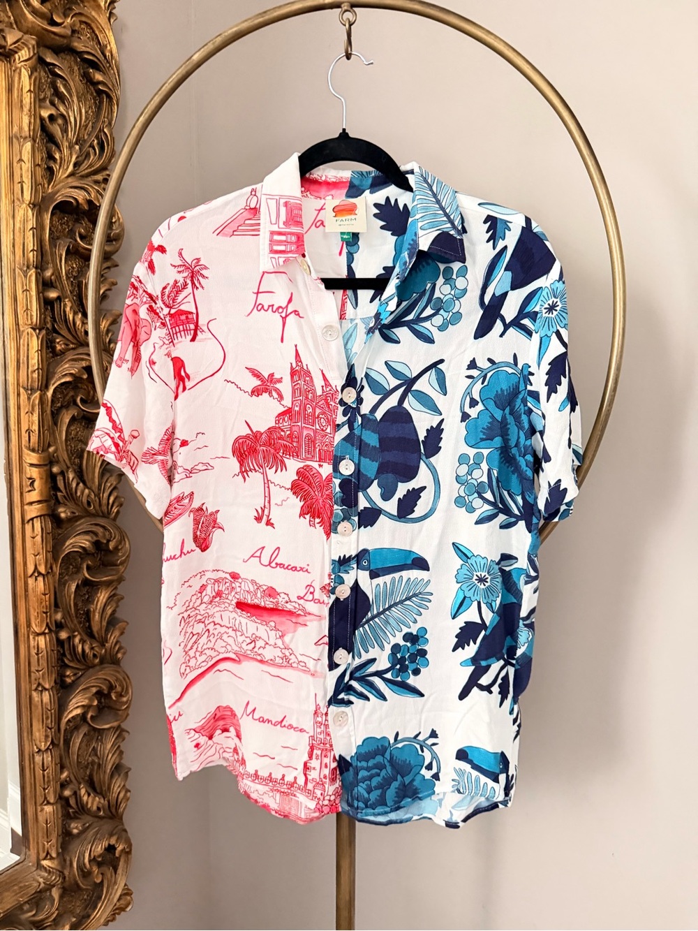 FARM Rio Two-Tone Red & Blue Tropical Button-Down Shirt